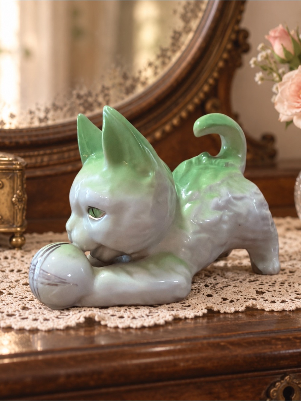 Vintage Made in Japan Ceramic Cat Playing Ball Figurine Green White Kitten